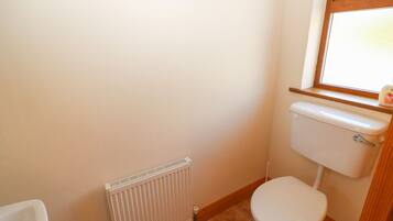 A small, clean bathroom with a white toilet, a radiator, and a window.