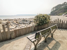 A bench by a rocky shoreline with a wooden fence and a bush.