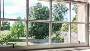 Une fenêtre donnant sur un jardin et un mur de pierres.