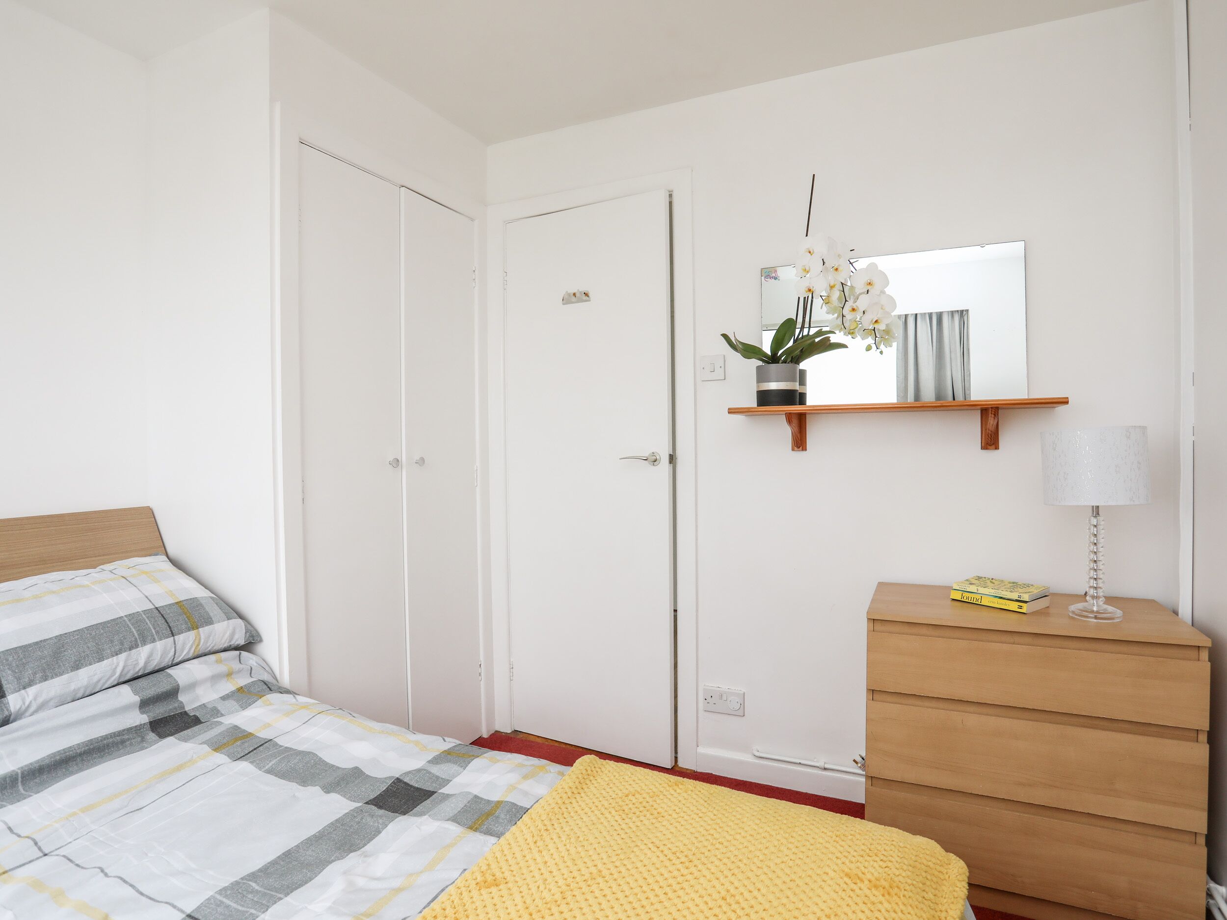 A bedroom with a bed, a dresser, a mirror, and a shelf with a plant and books.