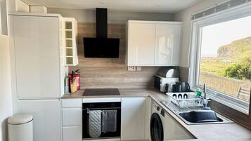 Fridge, microwave, electric kettle, toaster