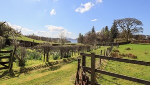 A rural landscape with a wooden fence, grassy fields, and trees. - Ecclerigg Garth (Windermere)