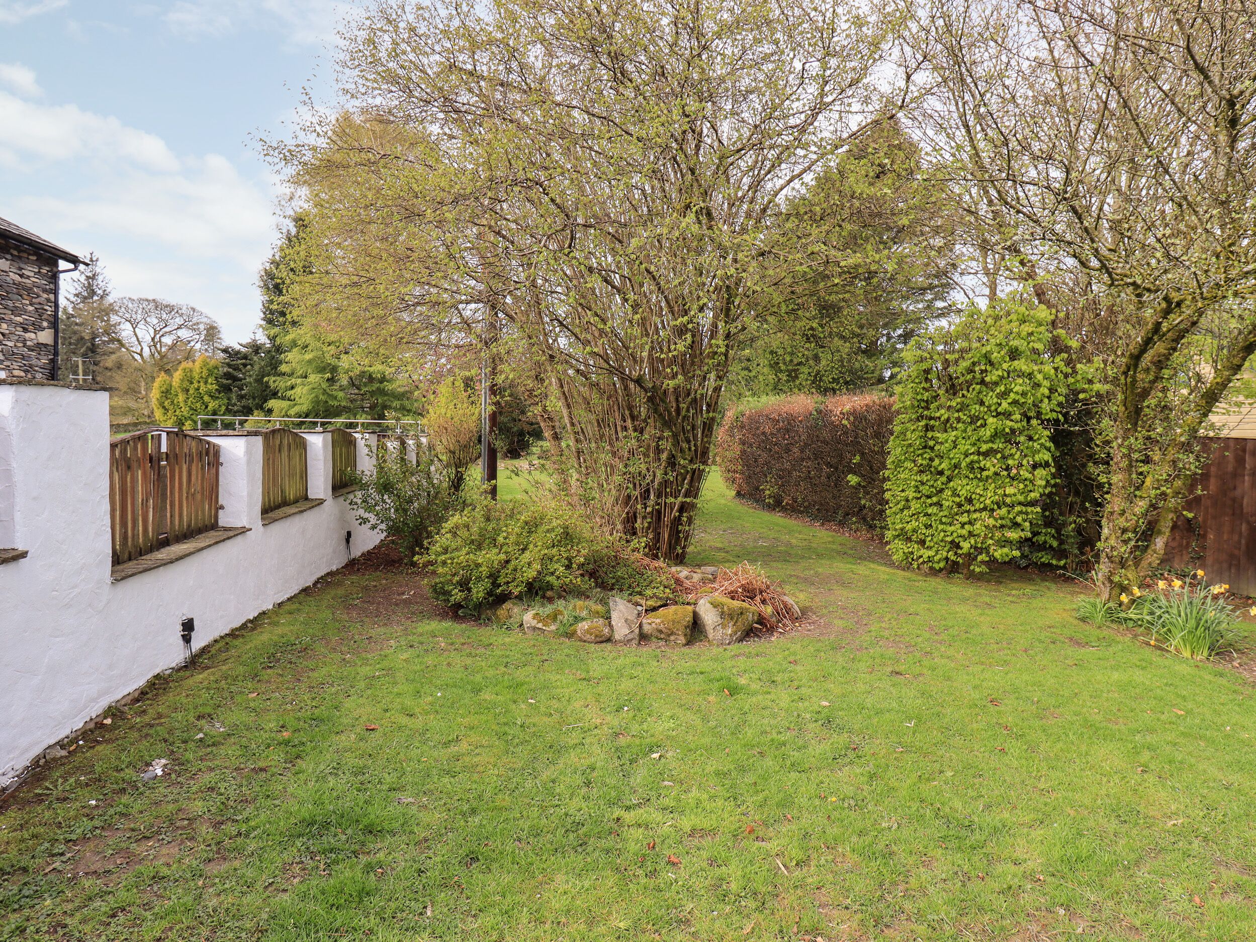 A well-maintained garden with a variety of trees, a white wall, and a wooden fence.