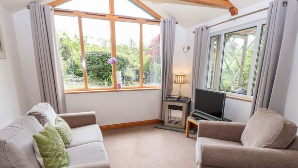 A cozy living room with two sofas, a TV, and a fireplace. - Little Stone Howe (Ambleside)