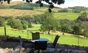 Een terras met tafel en stoelen, met uitzicht op een landelijk gebied waar koeien grazen.