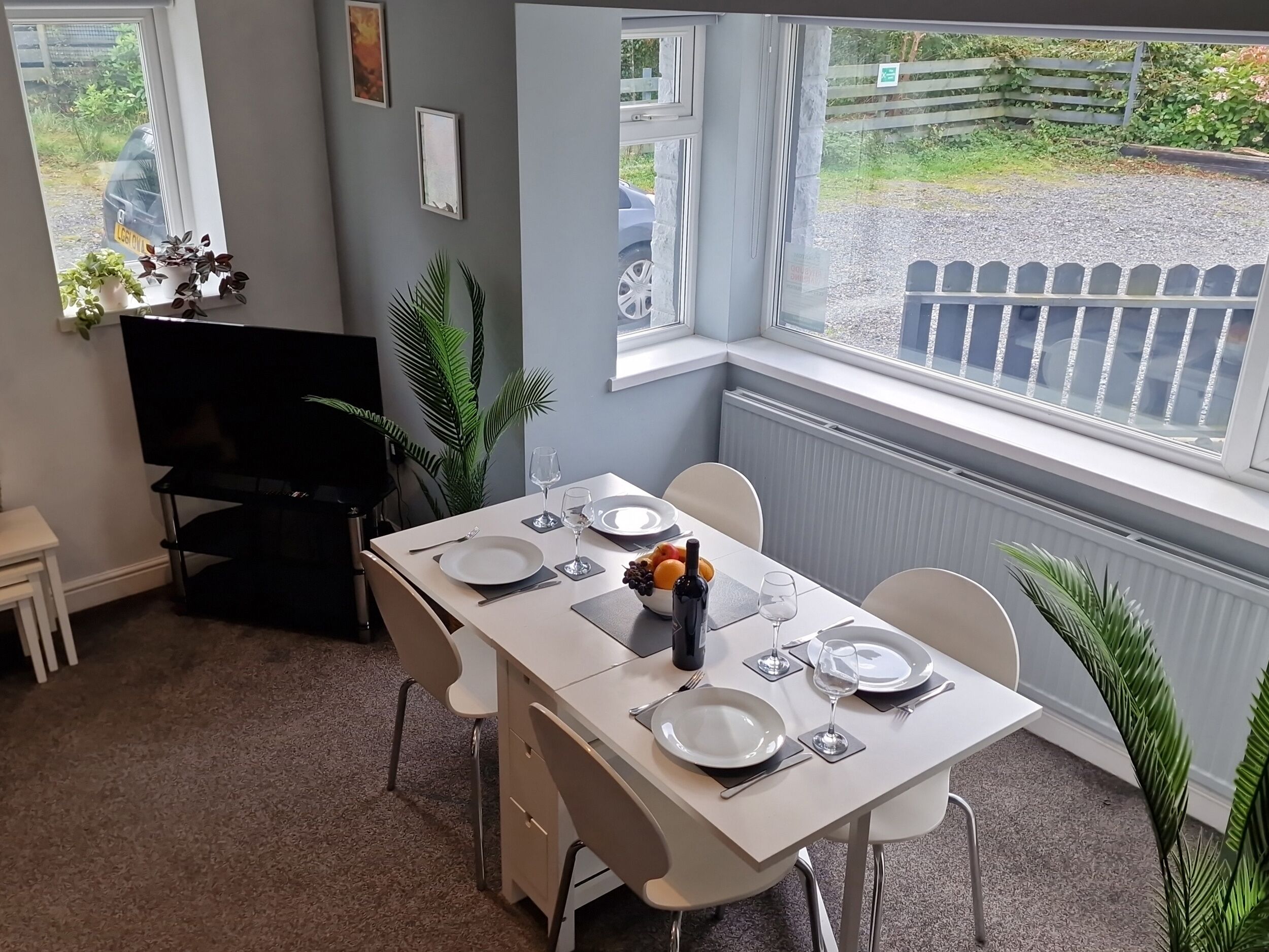 Un comedor con una mesa preparada para cuatro personas, un televisor negro y plantas en macetas.