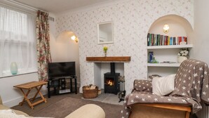 Una sala de estar acogedora con chimenea, televisor, estantería y un rincón de estar confortable.