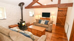 Ein gemütliches Wohnzimmer mit Kamin, Holzbalken, einer Couch, einem Fernseher und einer Holztür.