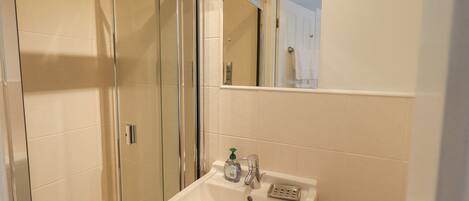 A bathroom with a glass shower enclosure, a sink with a soap dispenser, and a mirror above the sink.