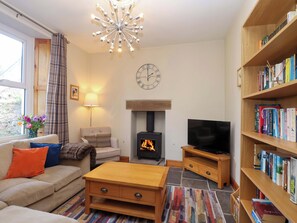 Una sala de estar acogedora con sofá, mesa de centro, chimenea, televisión y estantería llena de libros.