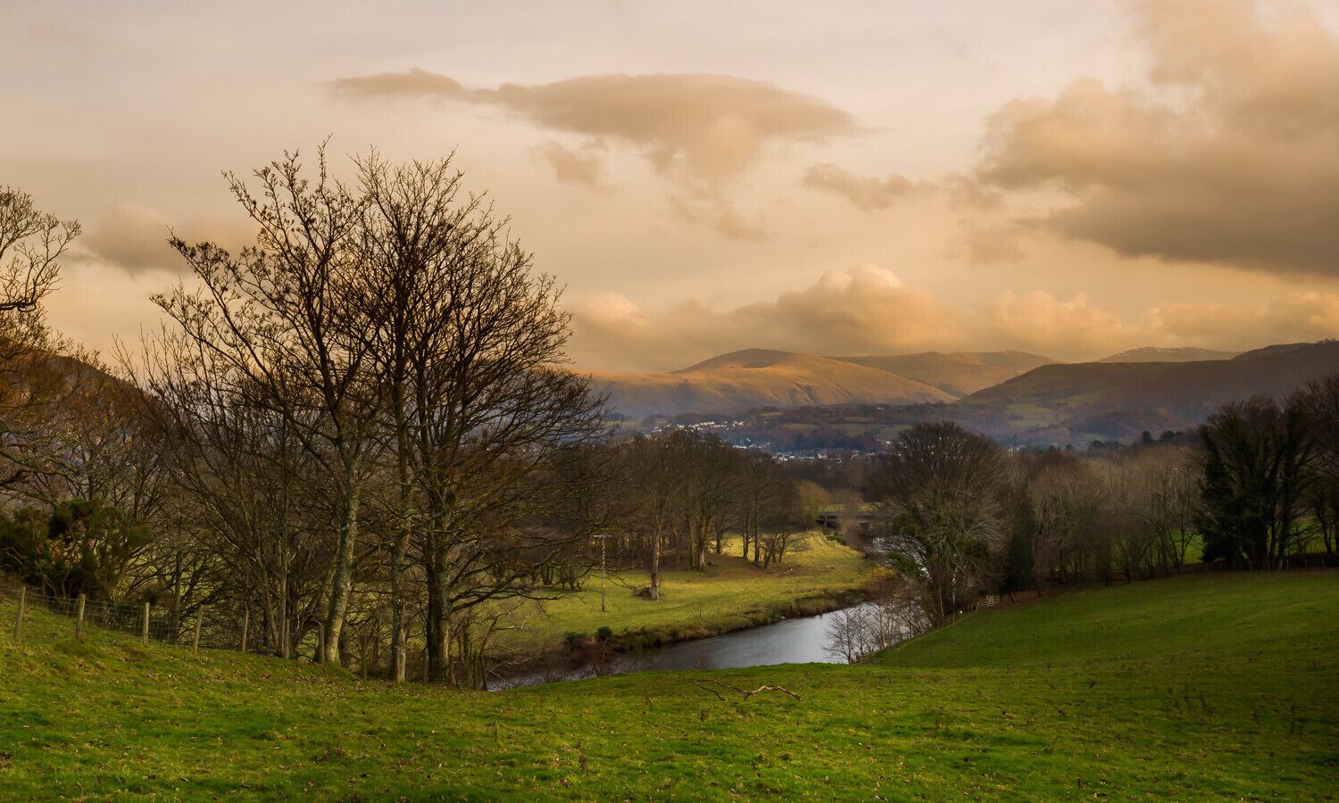 Un paysage rural avec une rivière, des arbres et des collines à l’horizon.