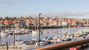 Een jachthaven met talloze boten die aanmeren, een heldere lucht en een stad op de achtergrond.