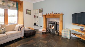 A cozy living room with a fireplace, a sofa, a television, and a bookshelf.