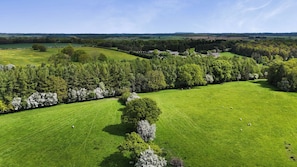 A rural landscape with green fields, trees, and a clear sky.