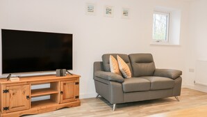 A modern living room with a flat-screen TV on a wooden stand, a grey sofa with patterned cushions, and a window with blinds. - Lily Cottage (Camelford)
