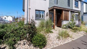 A modern two-story house with a stone pathway leading to the entrance, surrounded by various plants and shrubs.