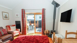 Ein gemütliches Wohnzimmer mit Kamin, einer Couch, einem roten Teppich und einem Fernseher.