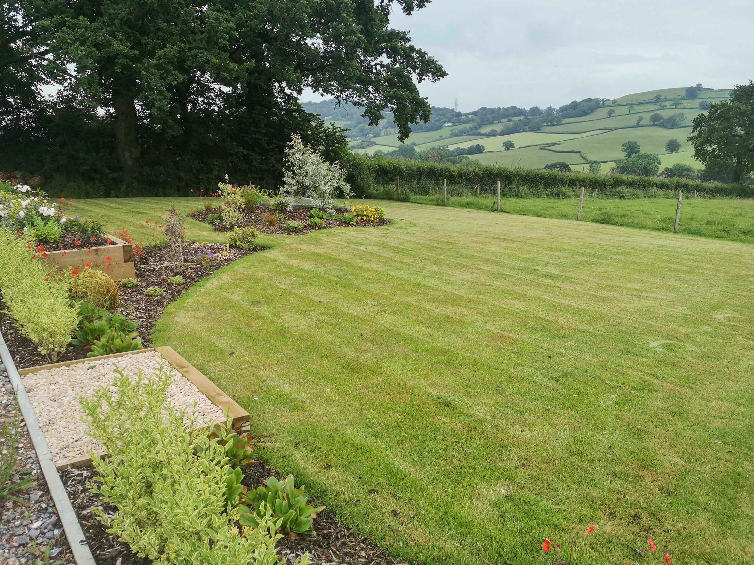 A well-maintained garden with a variety of plants and flowers, a neatly trimmed lawn, and a view of rolling hills in the distance.