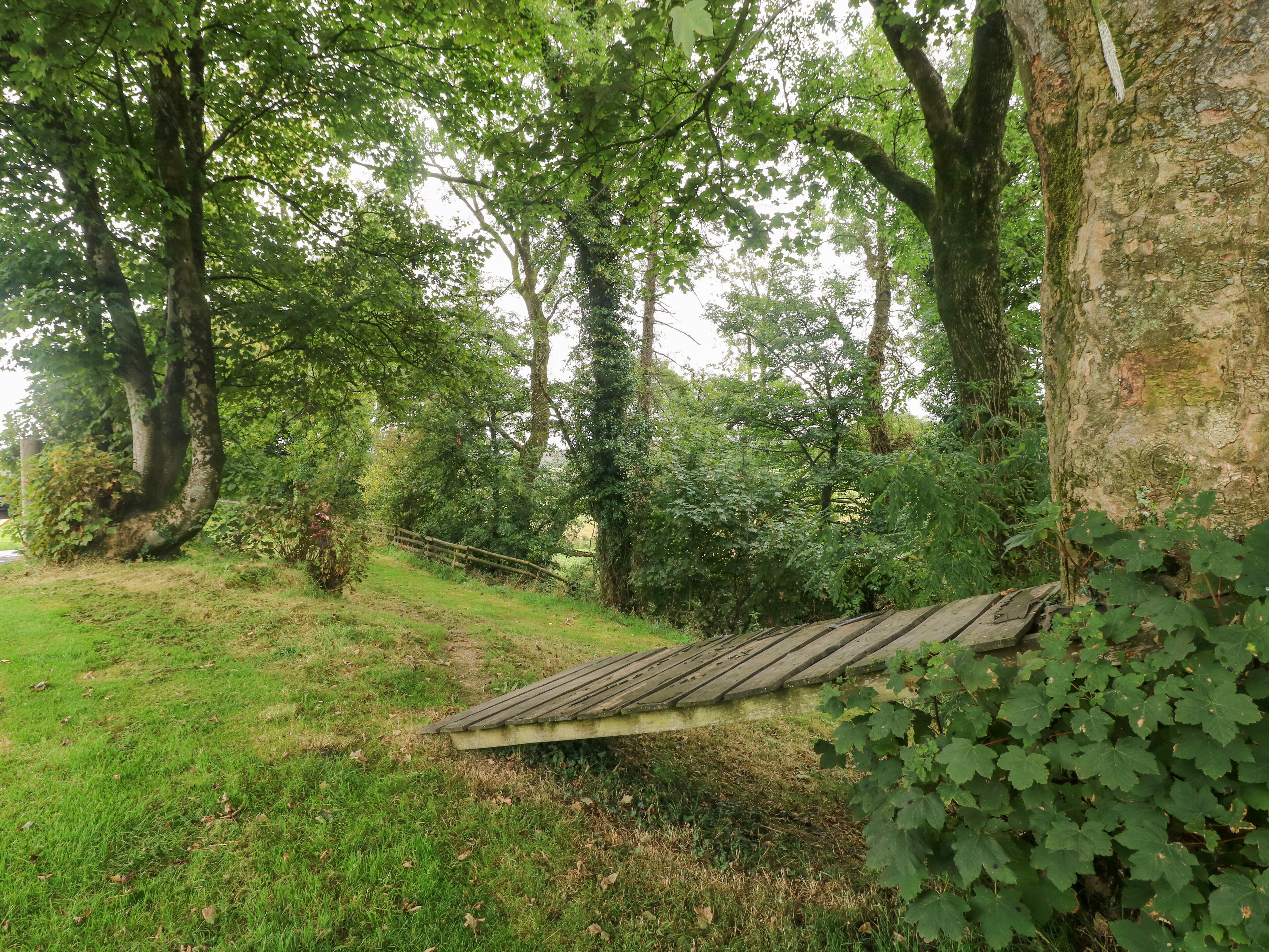 Eine Holzterrasse mit geneigtem Dach, umgeben von üppigem Grün und Bäumen.
