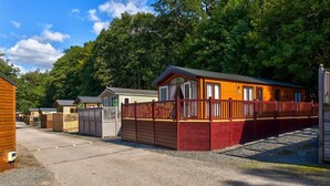 A row of wooden cabins with a gravel driveway, surrounded by trees. - Lancashire Rose (Windermere)