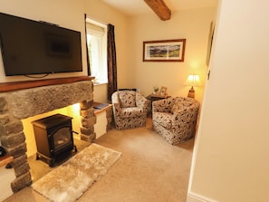 A living room with a stone fireplace, a television mounted above it, two patterned armchairs, a rug, and a framed picture on the wall.