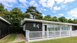 A single-story building with a white porch and a black exterior. - 98 Cherry Park (Skegness)