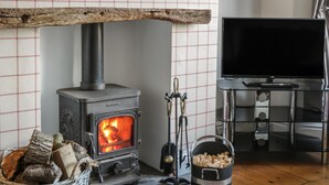 A cozy living room with a wood-burning stove, a TV, and a fireplace. - Brinkburn Cottage (Scarborough)