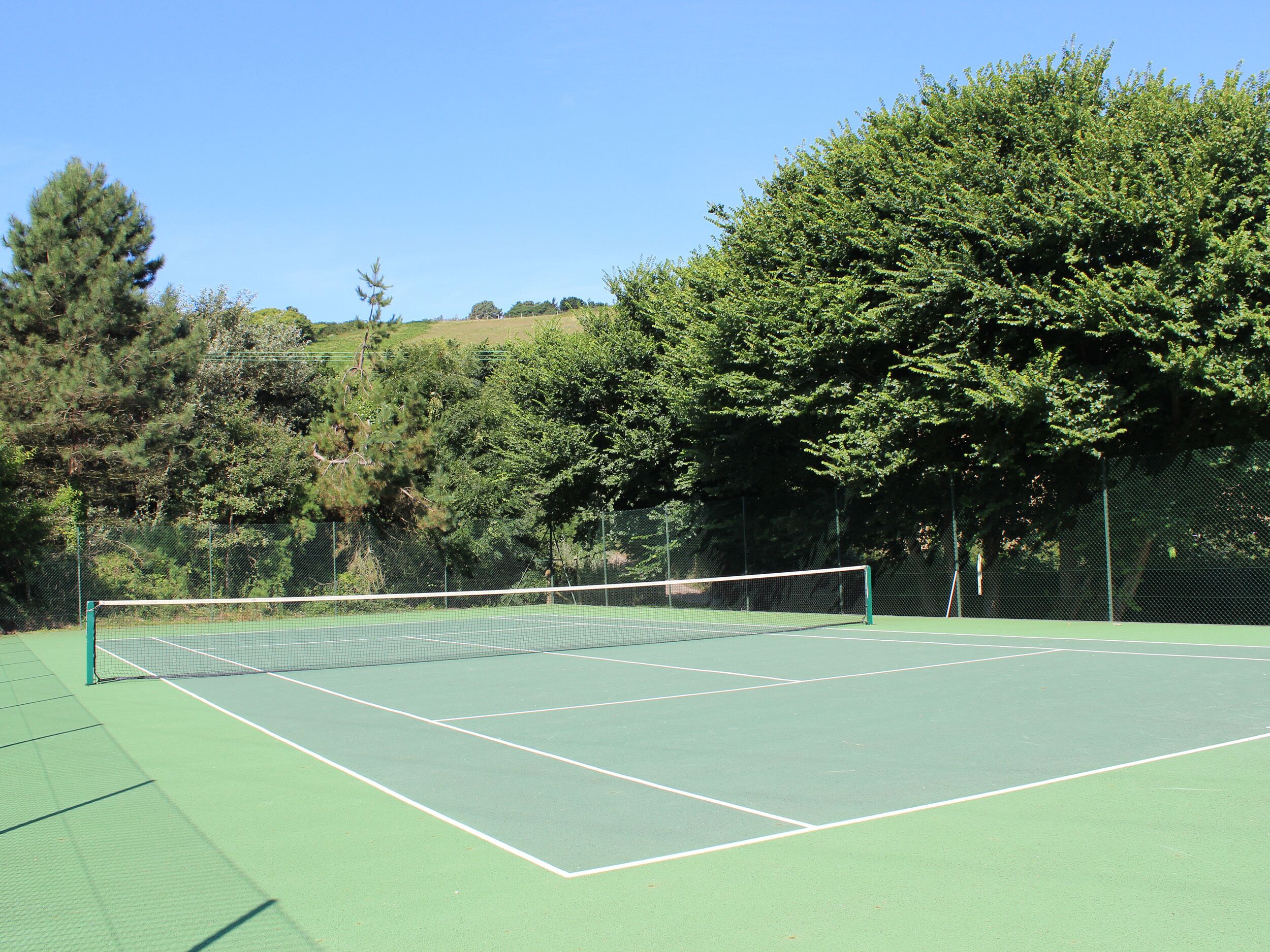 Una cancha de tenis con red en el centro, rodeada de árboles y una valla.