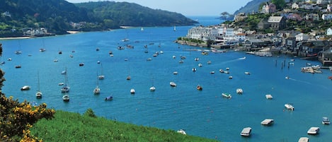 Un pueblo costero con numerosos barcos en el agua, un puerto con edificios y una colina cubierta de vegetación.