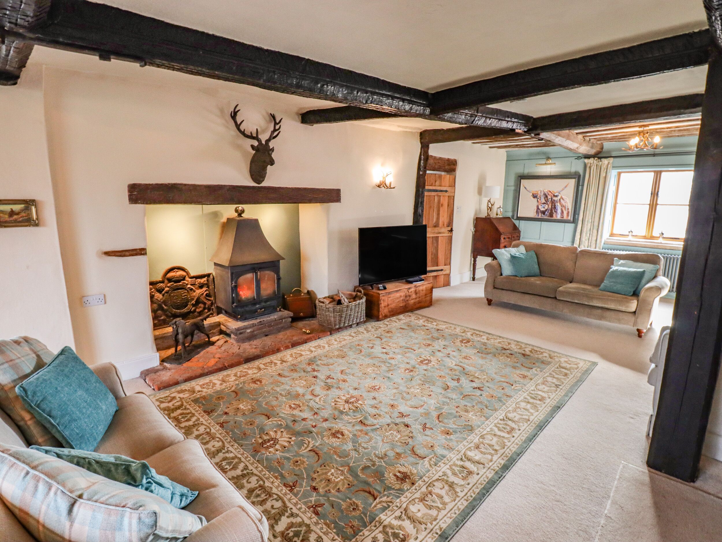 Una sala de estar acogedora con chimenea, televisor, sofá y una alfombra estampada.