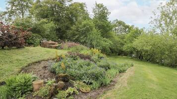 Un giardino con diverse piante, una struttura in pietra e un vialetto lastricato d'erba.