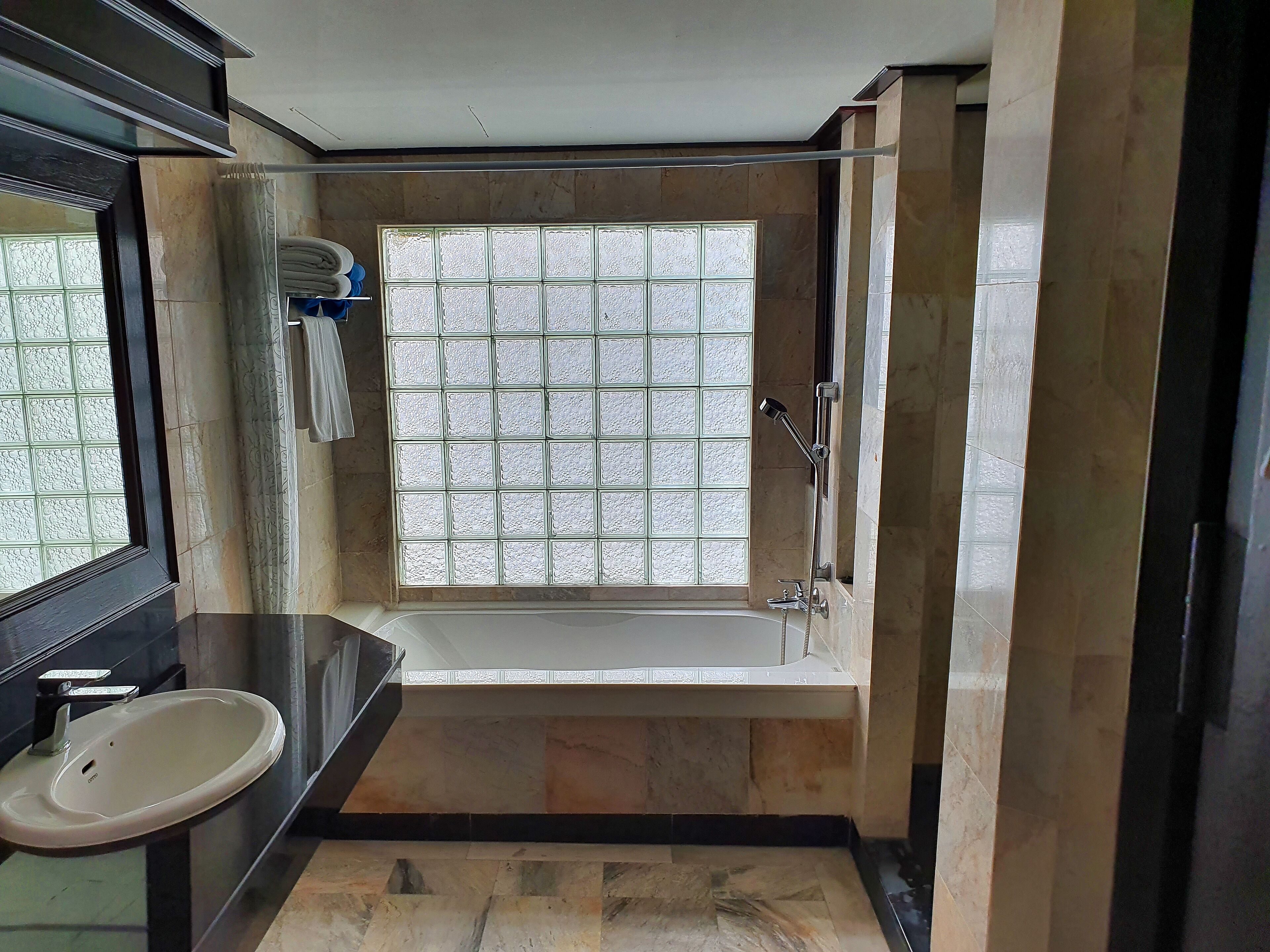 free toiletries, hair dryer, bathrobes, towels