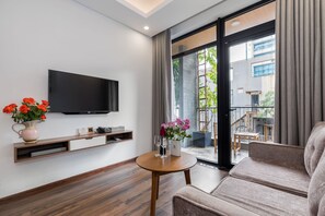 2-Bedroom Premier Apartment with Balcony City View | Living area | LCD TV
