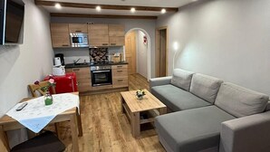 Ein kompakter Wohnbereich mit Küchenzeile, einem grauen Sofa, einem Holzesstisch und einem an der Wand montierten Fernseher.