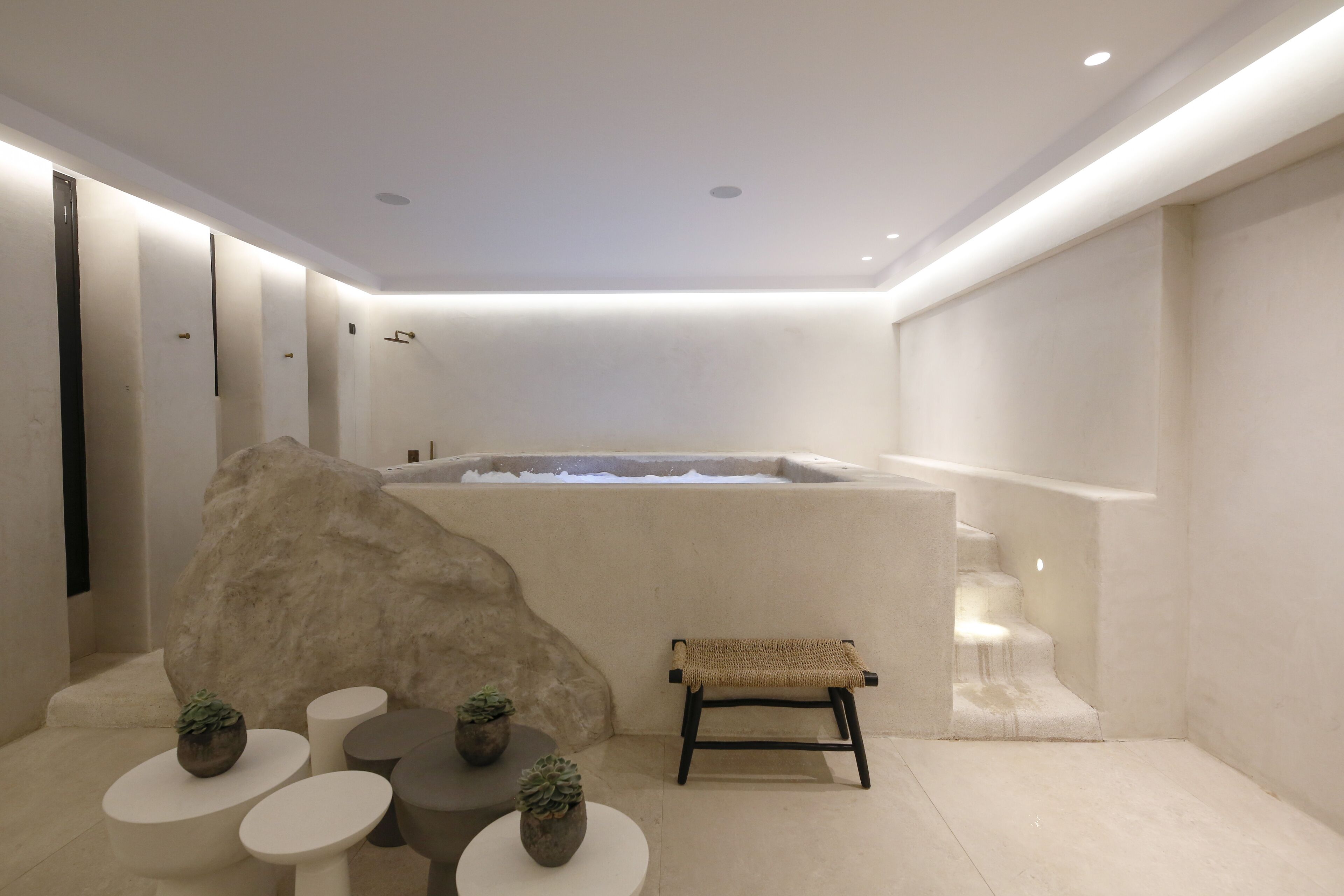 Zona de spa con jacuzzi, asientos y plantas en macetas.