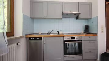 Fridge, stovetop, dishwasher, coffee/tea maker