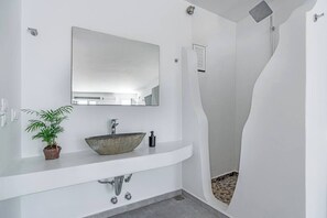 Shower, hair dryer, towels, shampoo