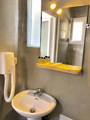 Shower, hair dryer, shampoo
