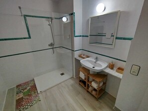 Douche, serviettes fournies, papier de toilette