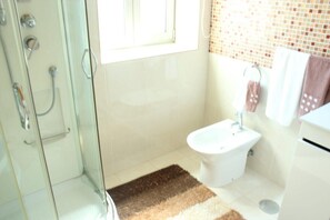 Shower, hair dryer, towels