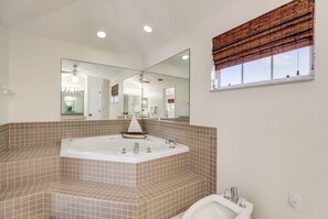 Combined shower/tub, hair dryer, bidet, towels
