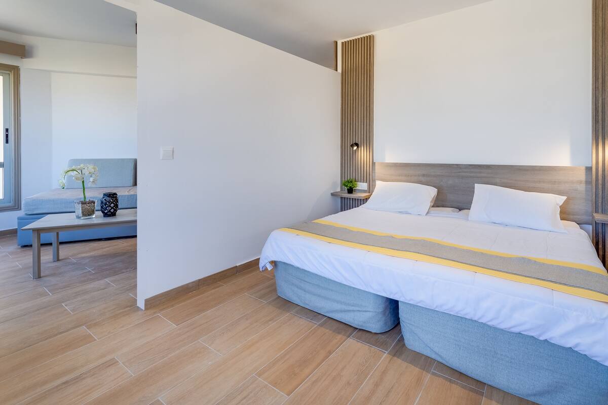 A modern bedroom with a large bed, bedside tables, a nightstand, and a view of a living area.