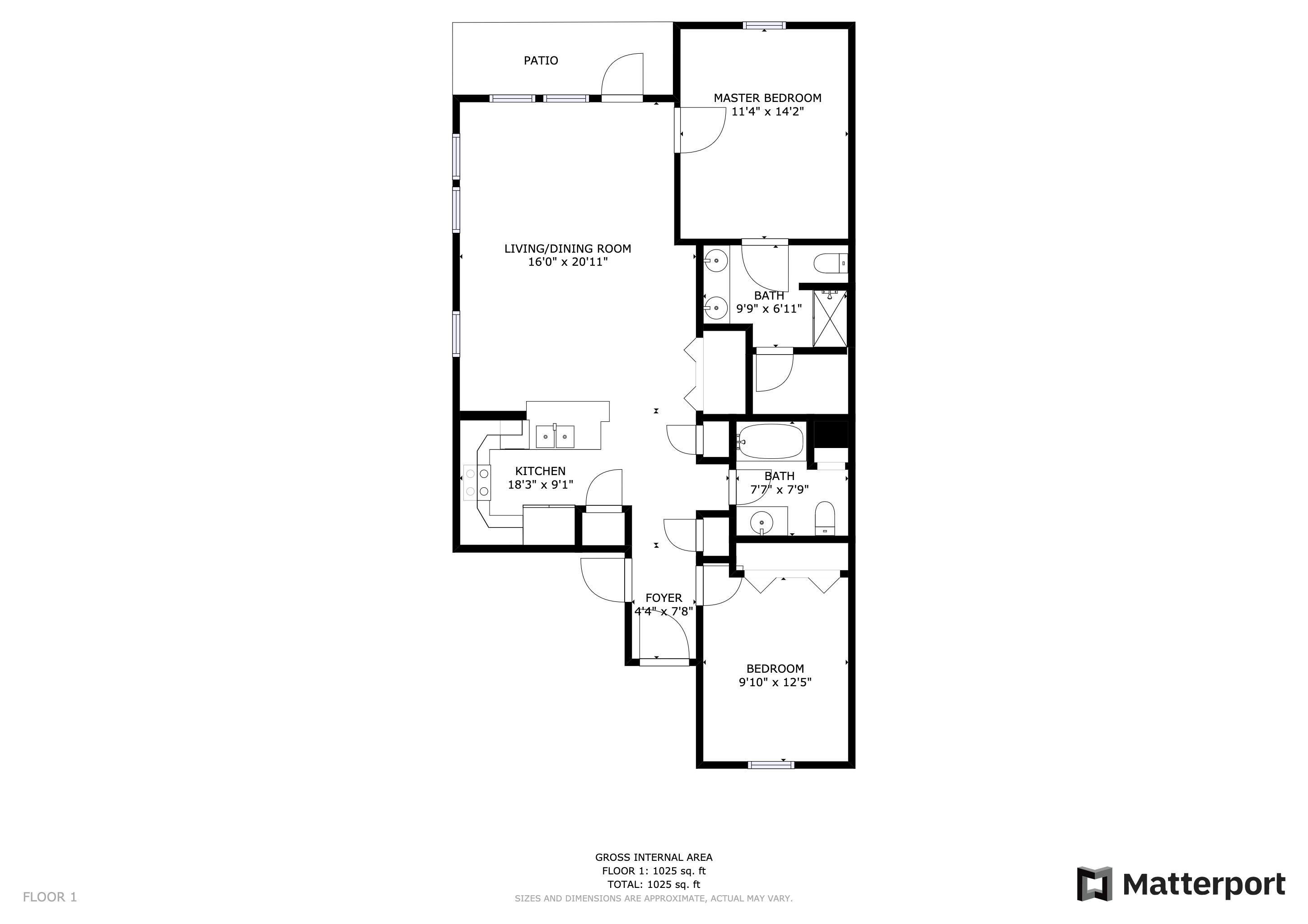 A floor plan of a house with a patio, master bedroom, living/dining room, kitchen, two bathrooms, foyer, and a bedroom.