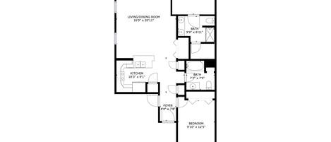 A floor plan of a house with a patio, master bedroom, living/dining room, kitchen, two bathrooms, foyer, and a bedroom.