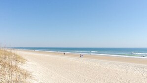 A wide sandy beach with a clear sky.