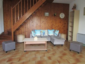 Télévision, cheminée, table de tennis de table, livres