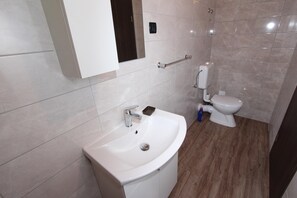 A modern bathroom with a white sink, a toilet, and a mirror above the sink. - Holiday House Cuvi (Rovinj)