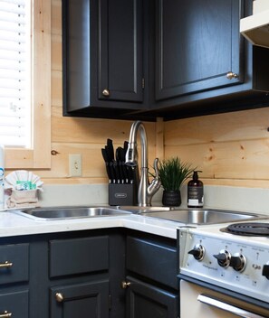 A kitchen with black cabinets, a stainless steel sink, and a stove. - Extraordinary Mountain Views/Indoor Pool & Hot Tub (Gatlinburg)