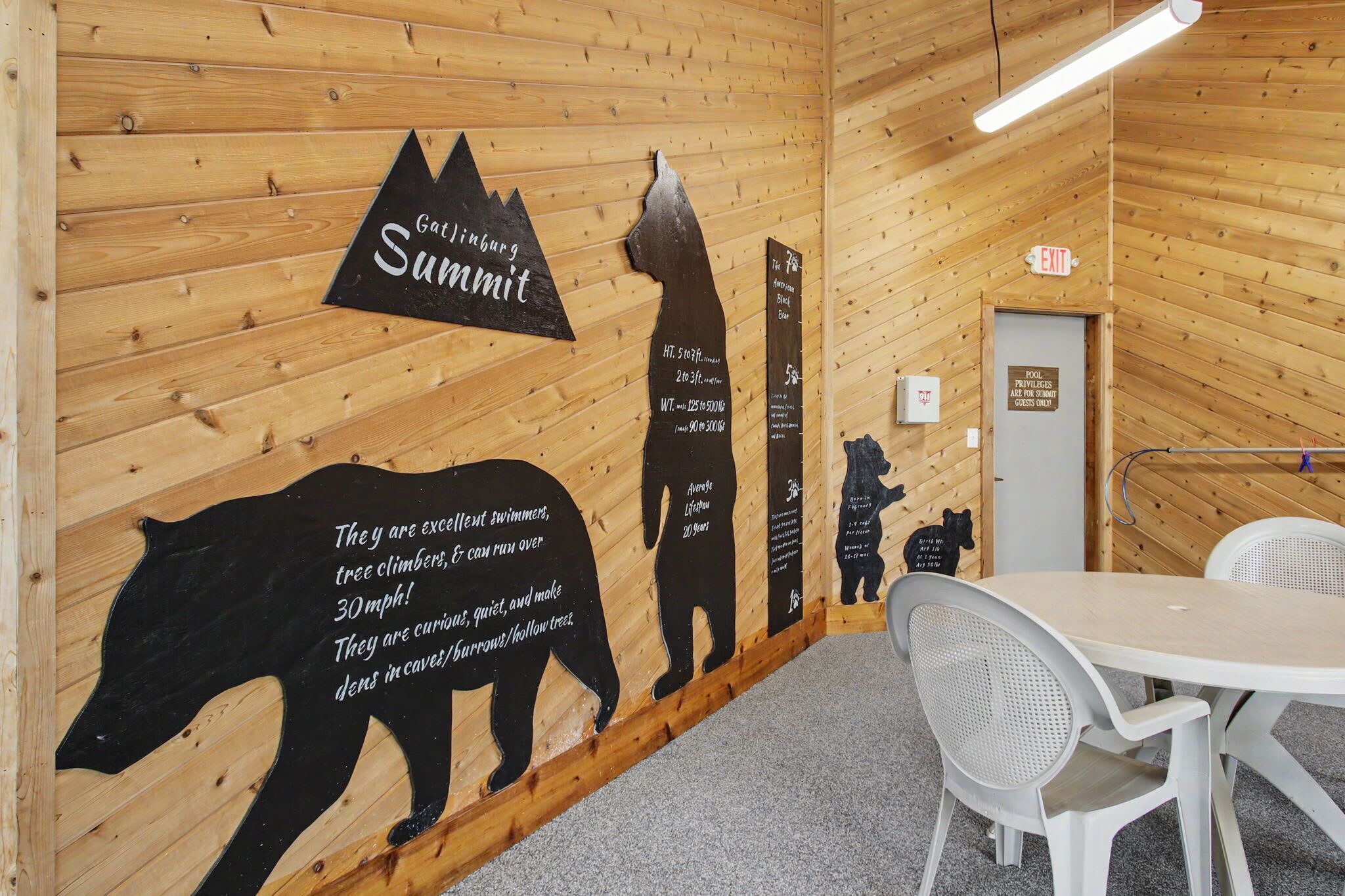 Een kamer met houten wanden, een tafel, stoelen en een muur met bergsilhouetten en tekst.