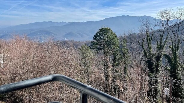 Eine Berglandschaft mit blauem Himmel, einem Metallgeländer und verschiedenen Bäumen.